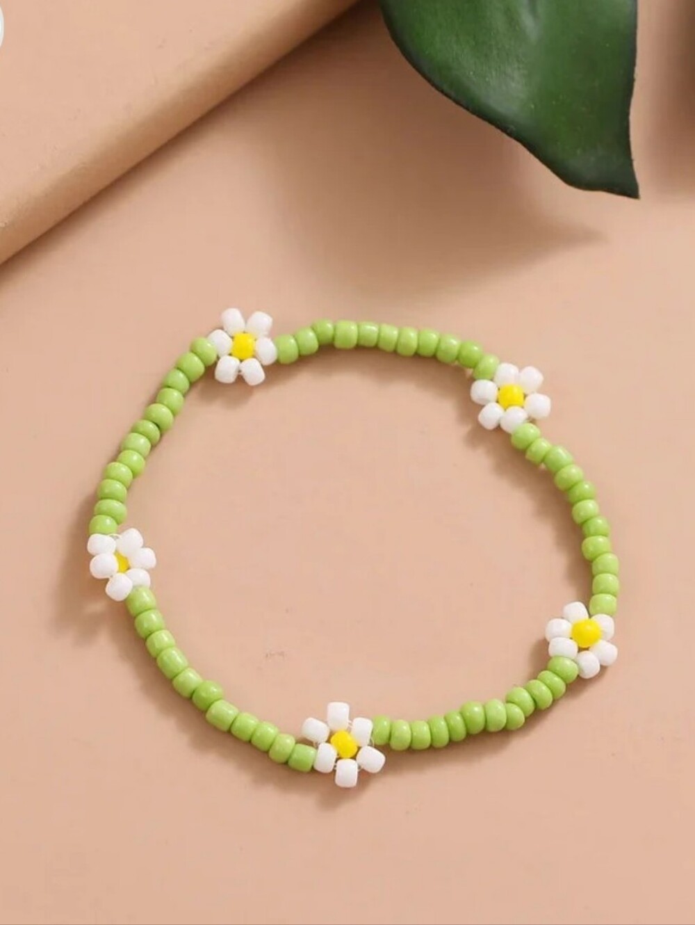 Green Beaded Daisy Bracelet - Cute Floral Stretch Bracelet